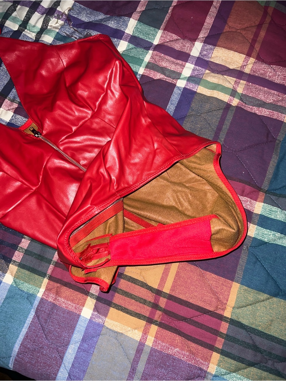 Red Faux Leather Zip-Front Women's Bodysuit
